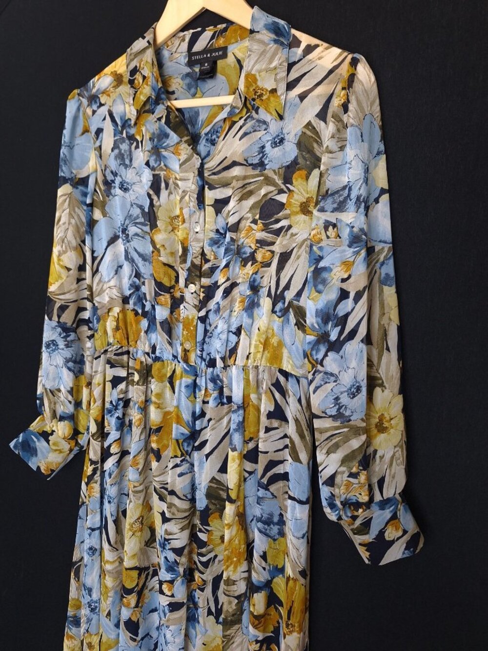 💙 Stella & Julie Floral Shirt Dress Size 8 Blue Yellow Button Front Long Sleeve - Picture 2 of 8